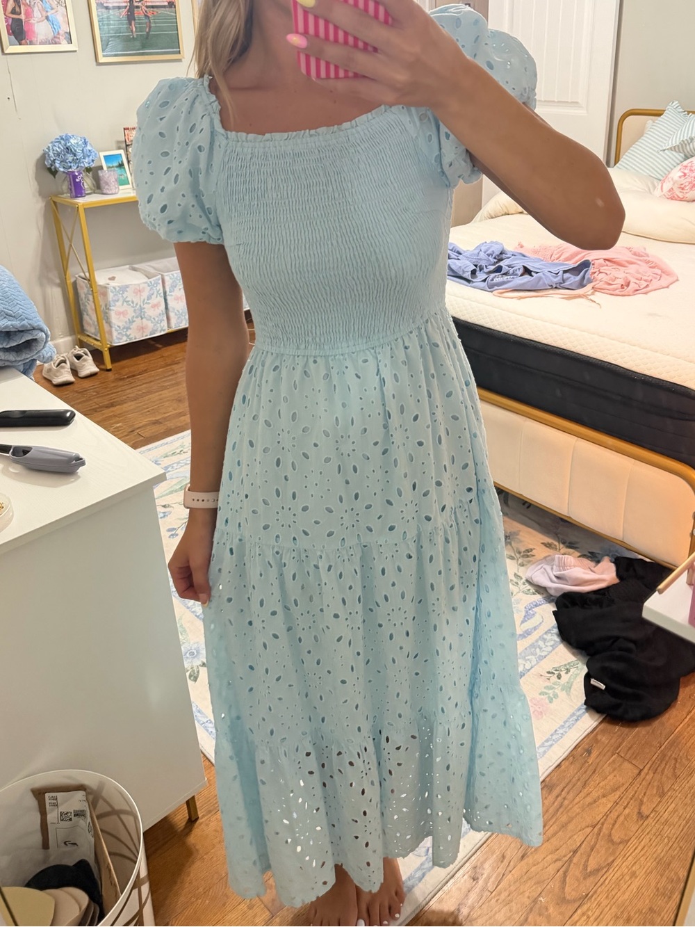 Smocked Eyelet Midi Dress - Light Blue